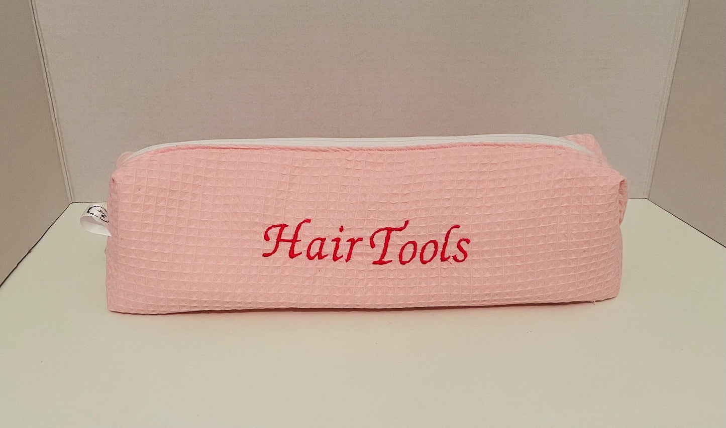Pink Embroidered Waffle Hair Tool Bag
