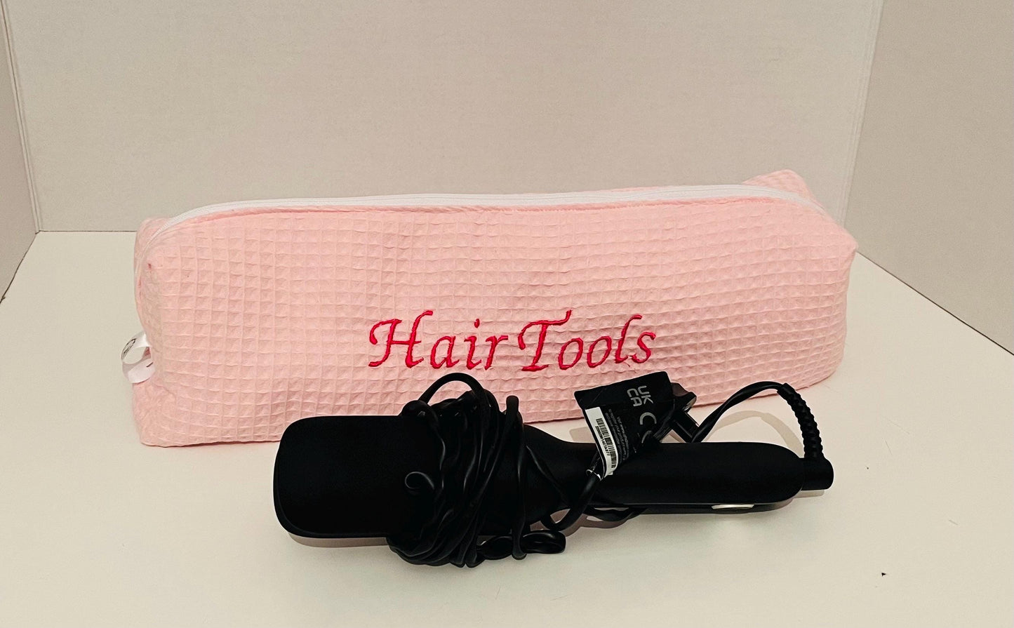 Pink Embroidered Waffle Hair Tool Bag