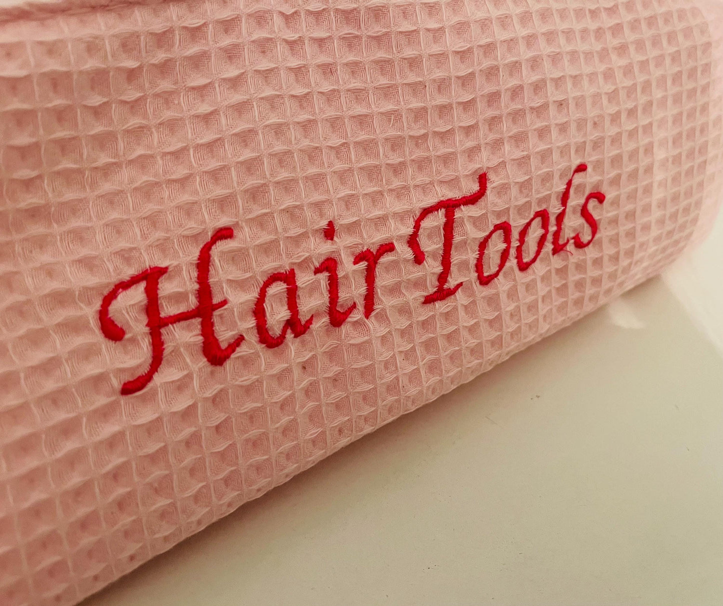 Pink Embroidered Waffle Hair Tool Bag